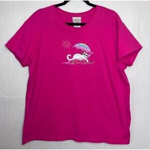 Top Stitch by Morning Sun Women's Short Sleeve Pink Beach Cat T-Shirt Size 1X